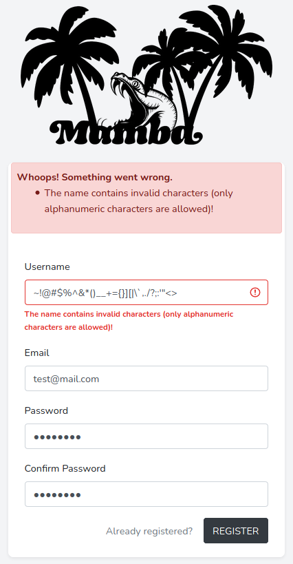 Registering a new account with special characters