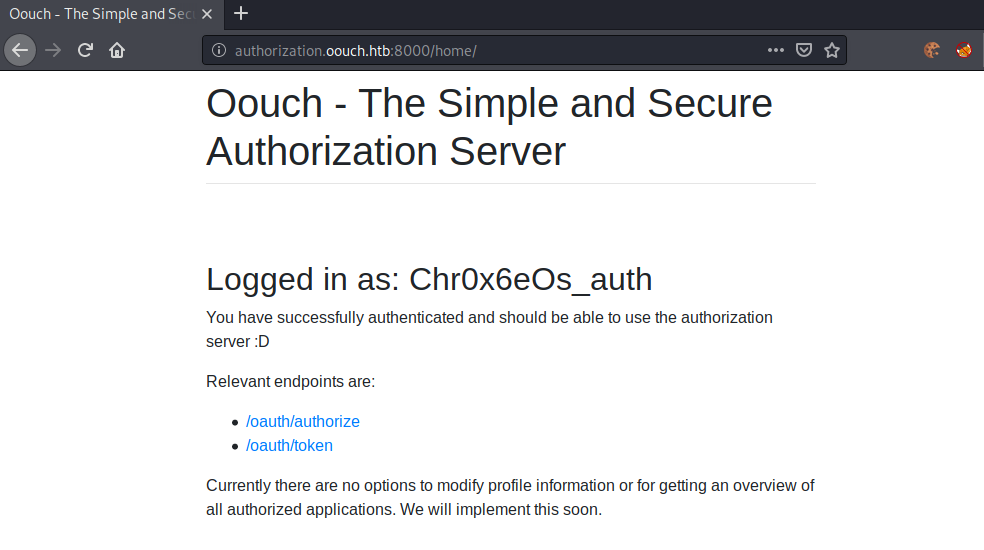 Homepage of authorization server